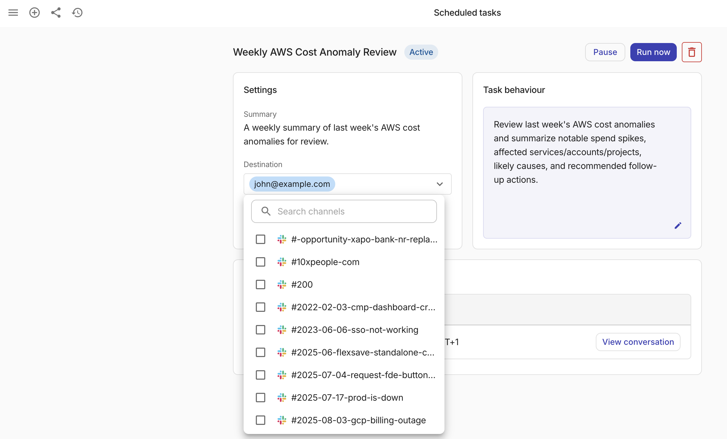 Open task destination list in Ava