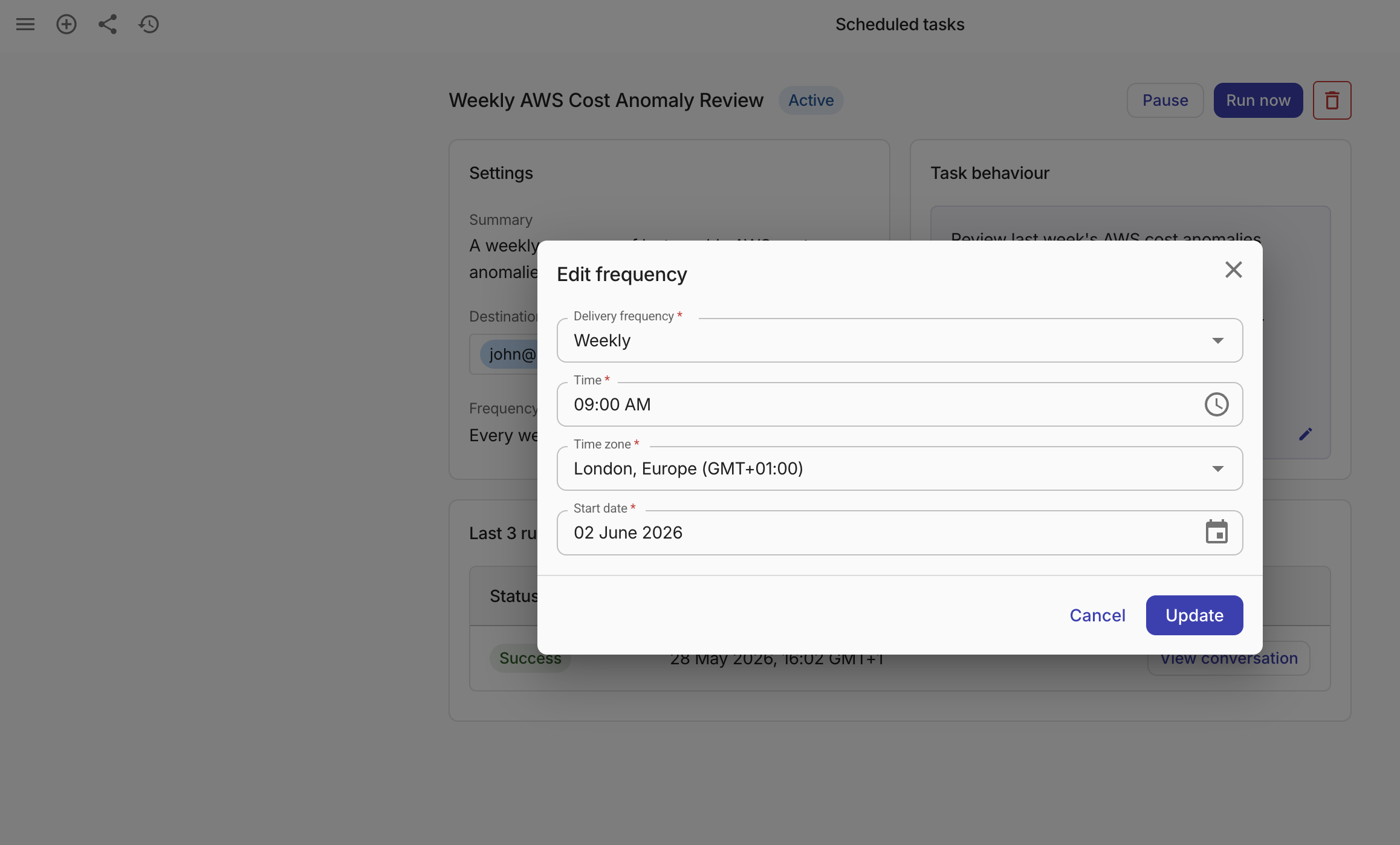 Edit task frequency in Ava