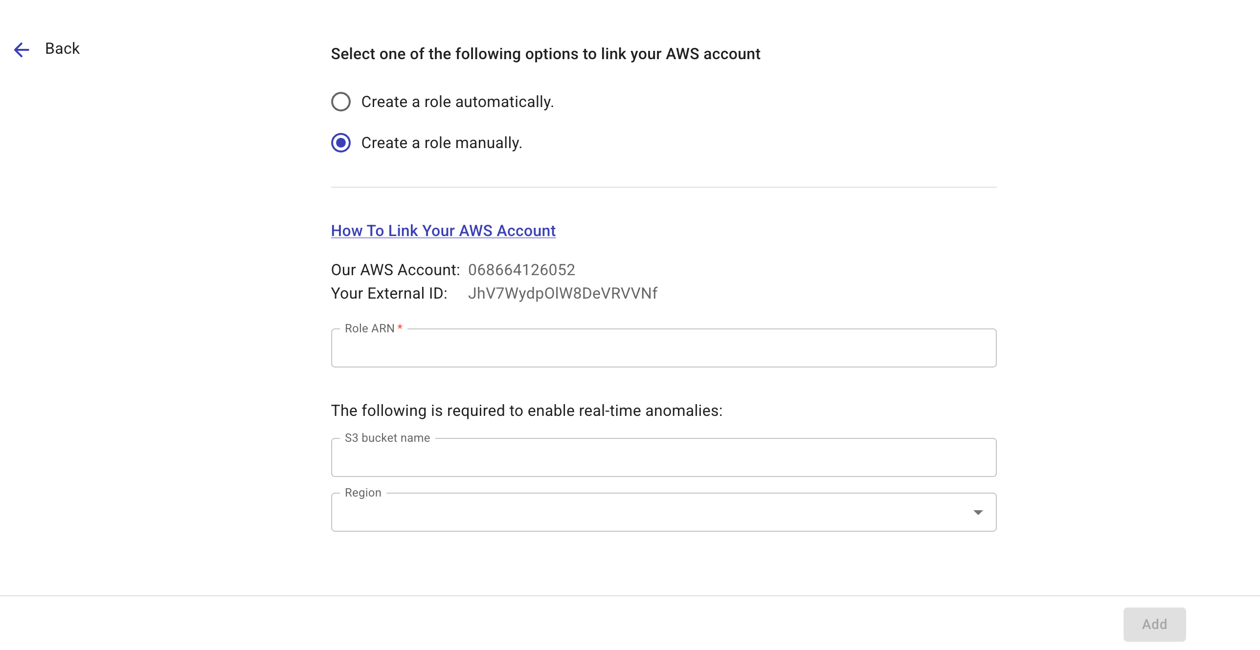 The manual role creation form