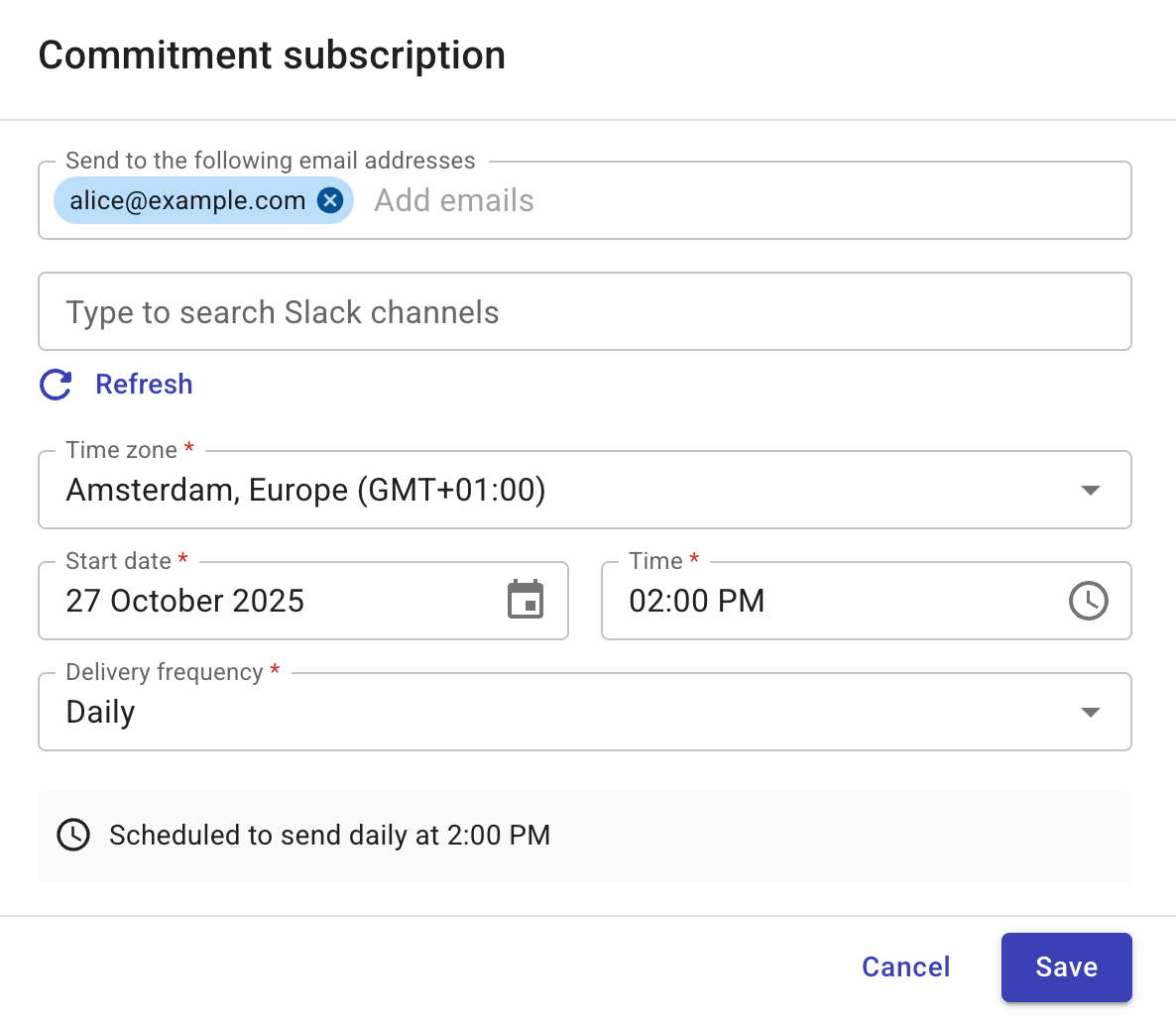 Commitment subscription dialog