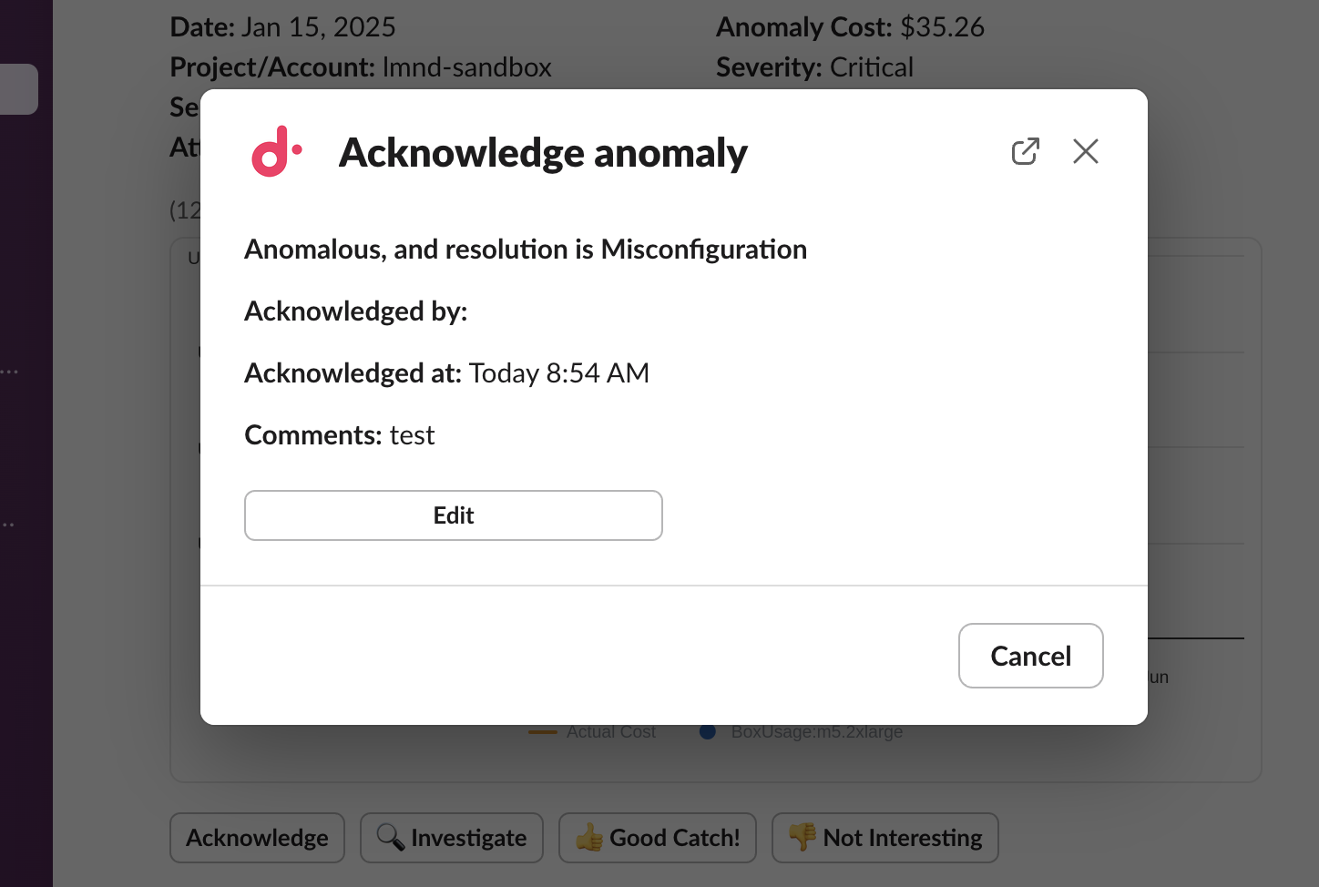 Slack でコストアノマリーの確認内容を編集