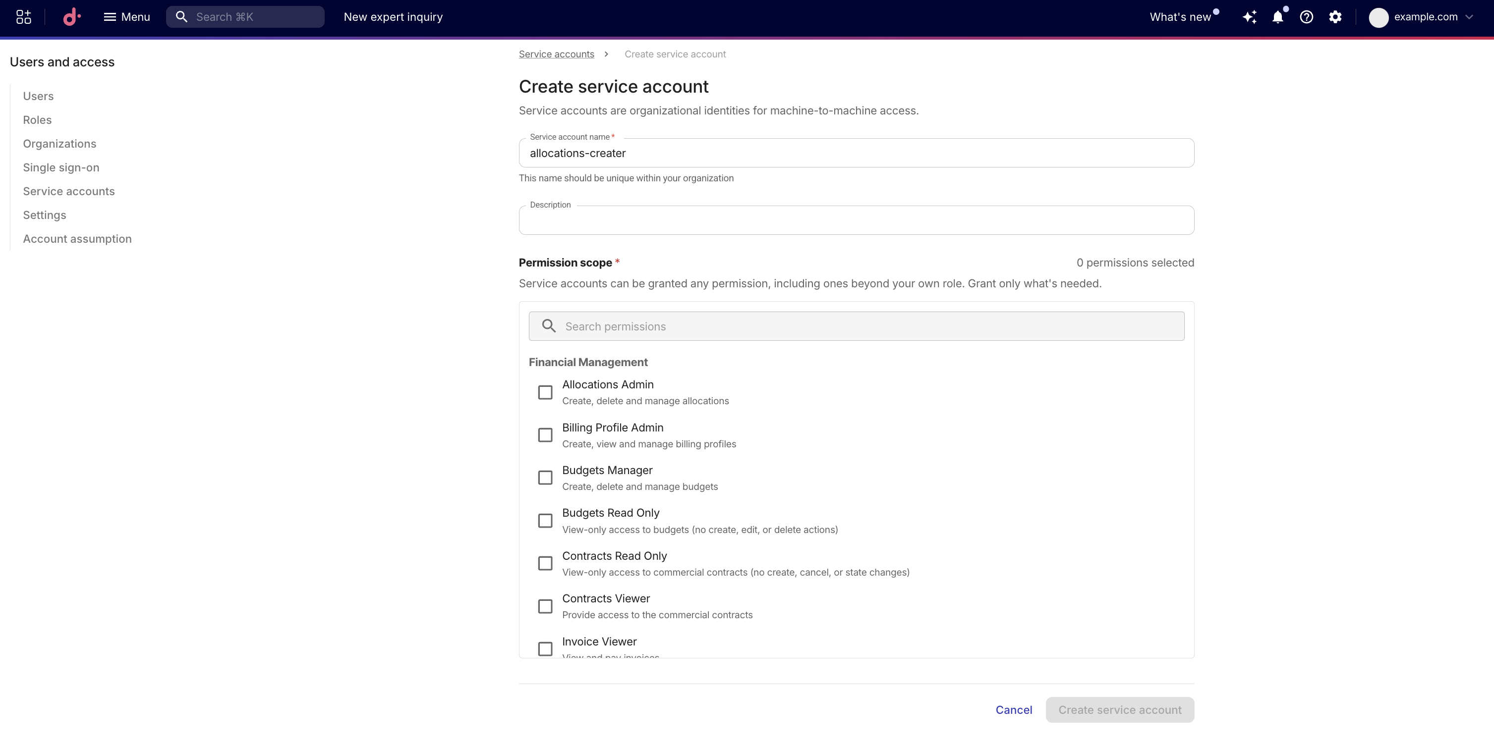 Create service account form