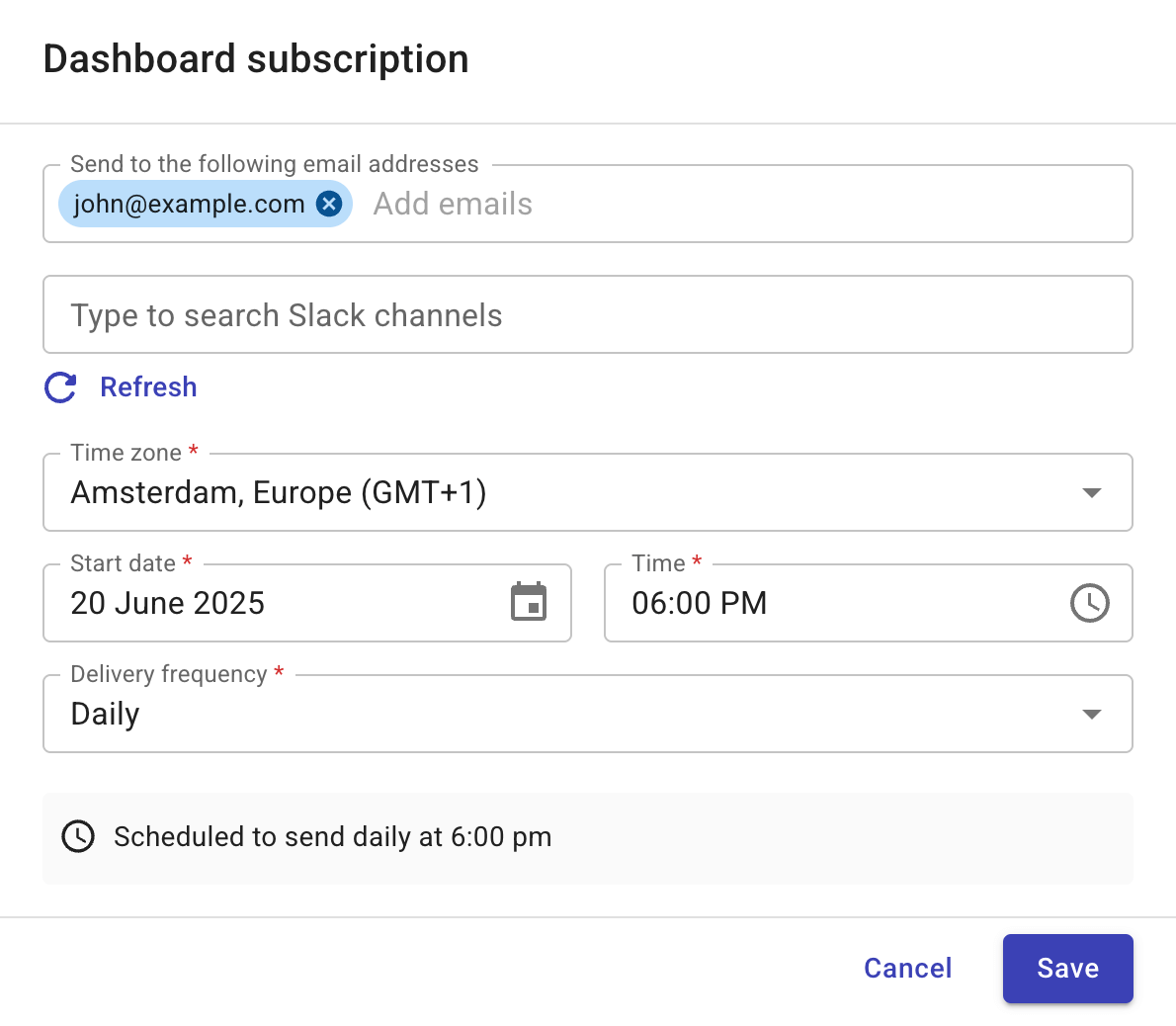 Dashboard subscription dialog