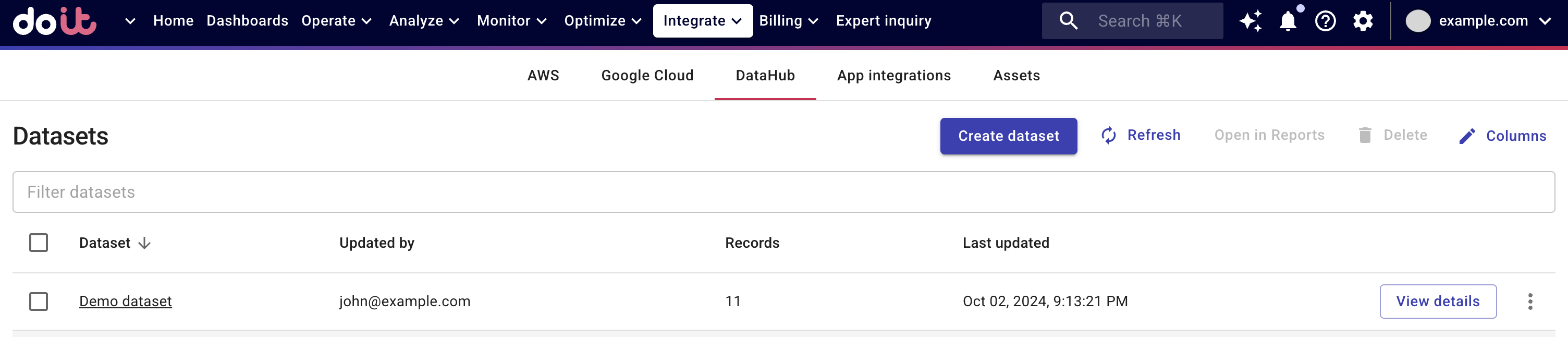 The main Datasets page