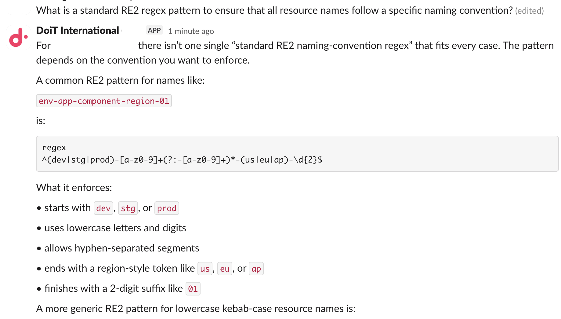 Slack conversation with a user question and a partial or complete streamed answer