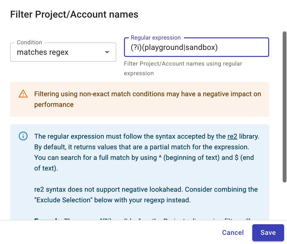 A screenshot showing the filter dialog