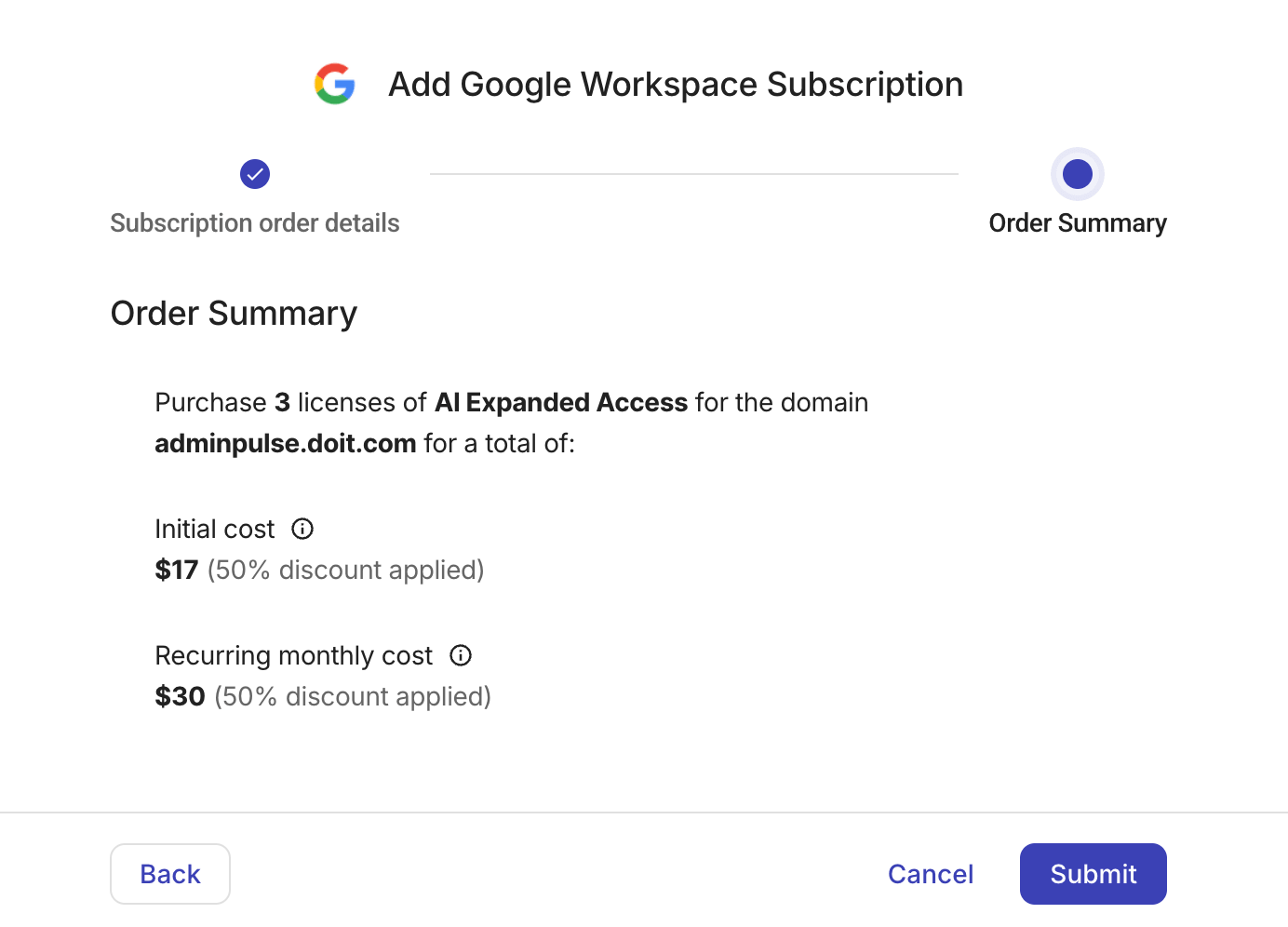 Google Workspace 注文概要