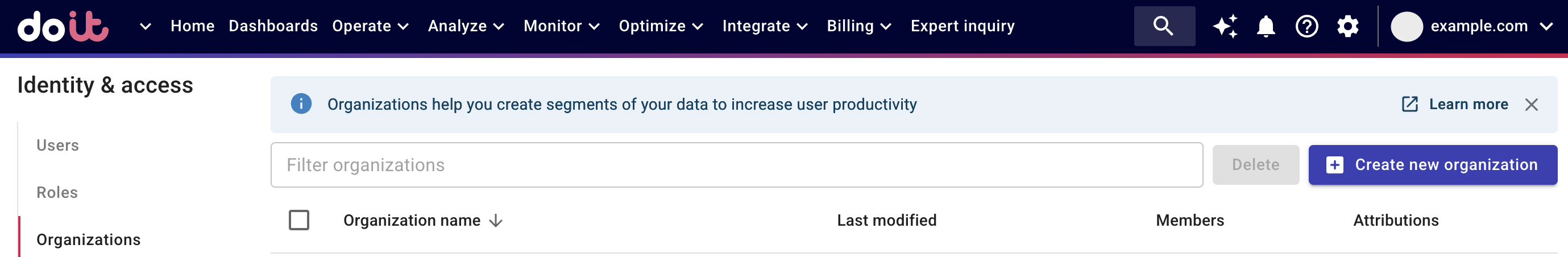 The Organizations menu