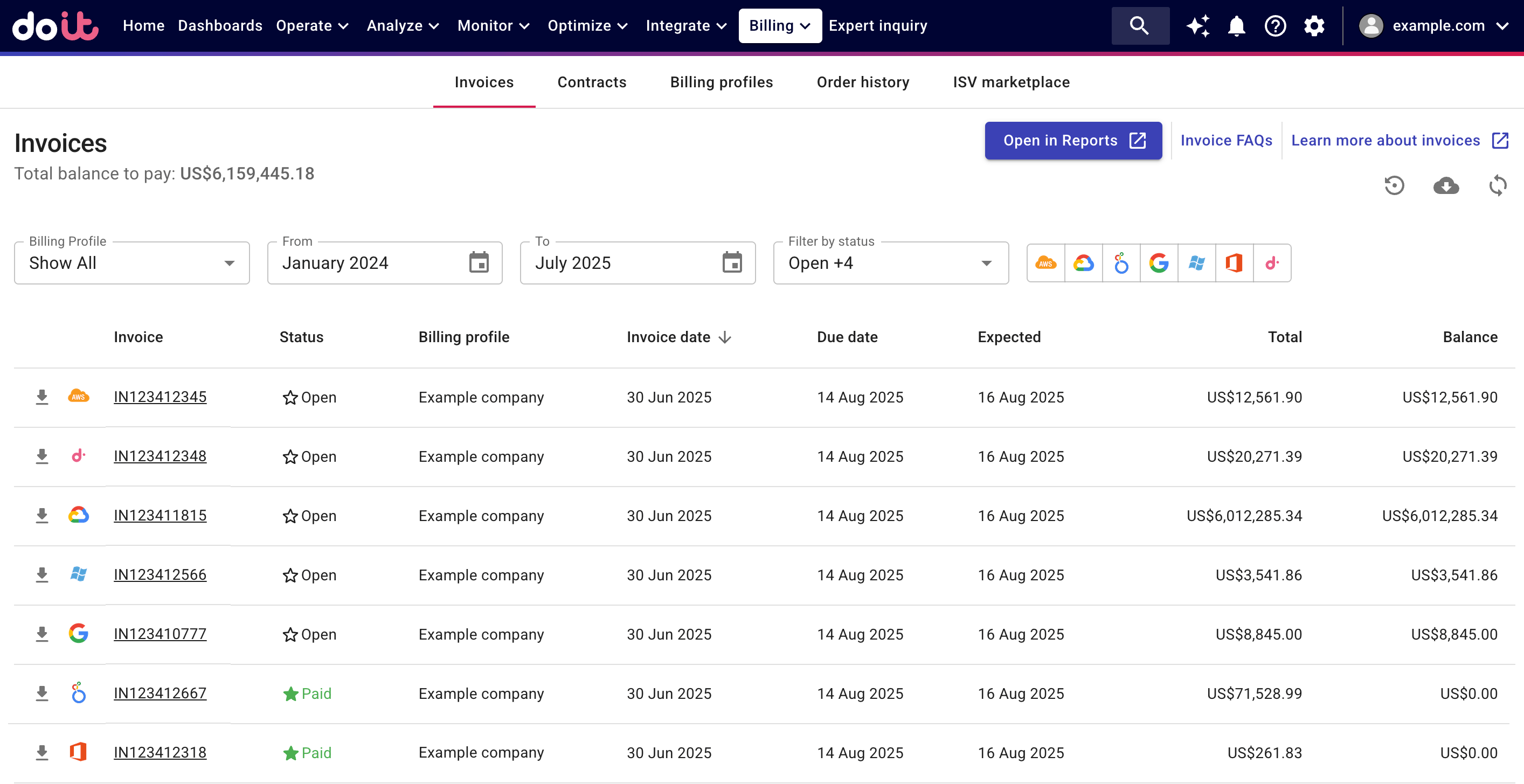 The main Invoices page.