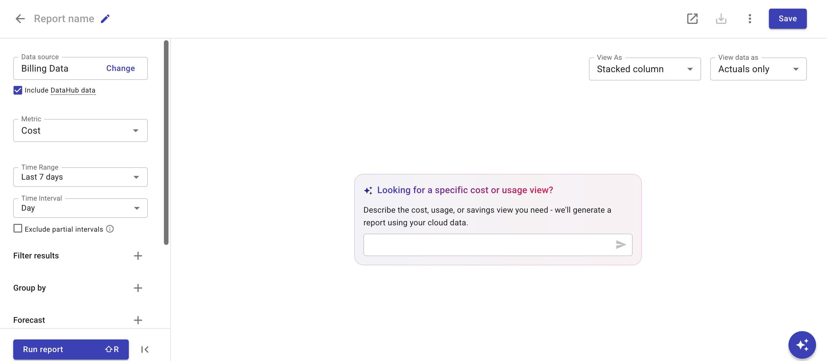 空の Cloud Analytics レポートを示すスクリーンショット