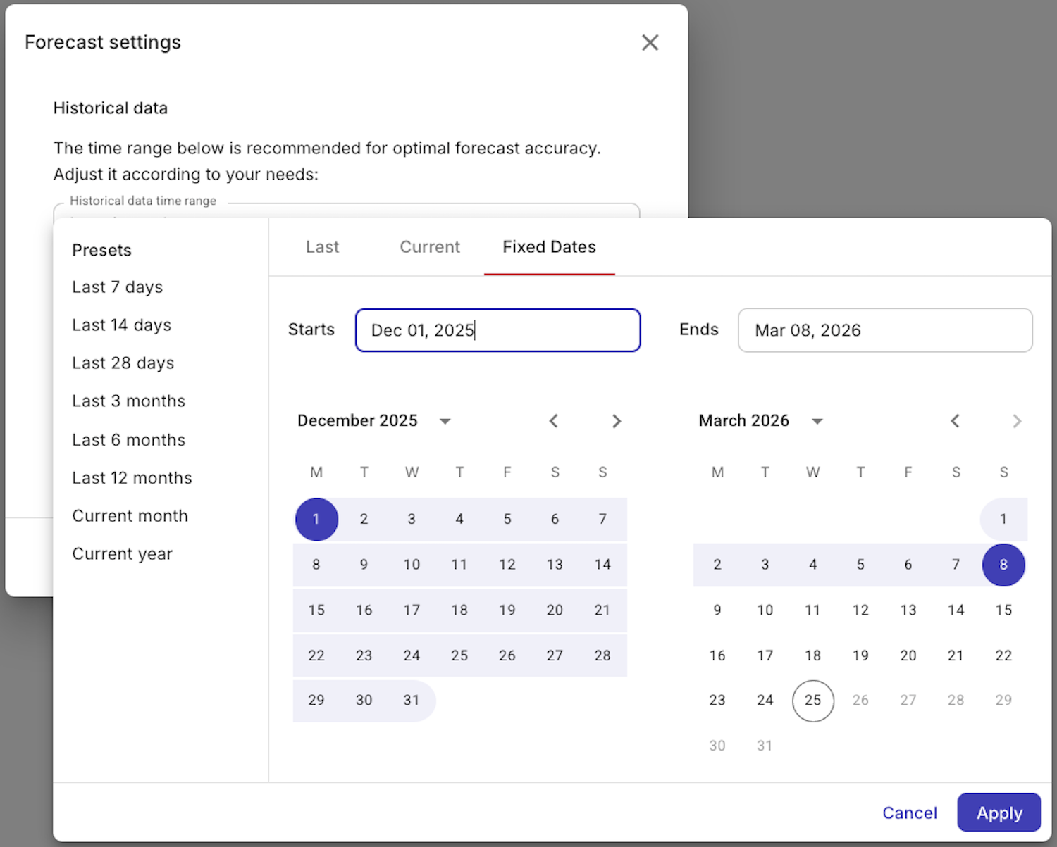 Forecast settings set dates