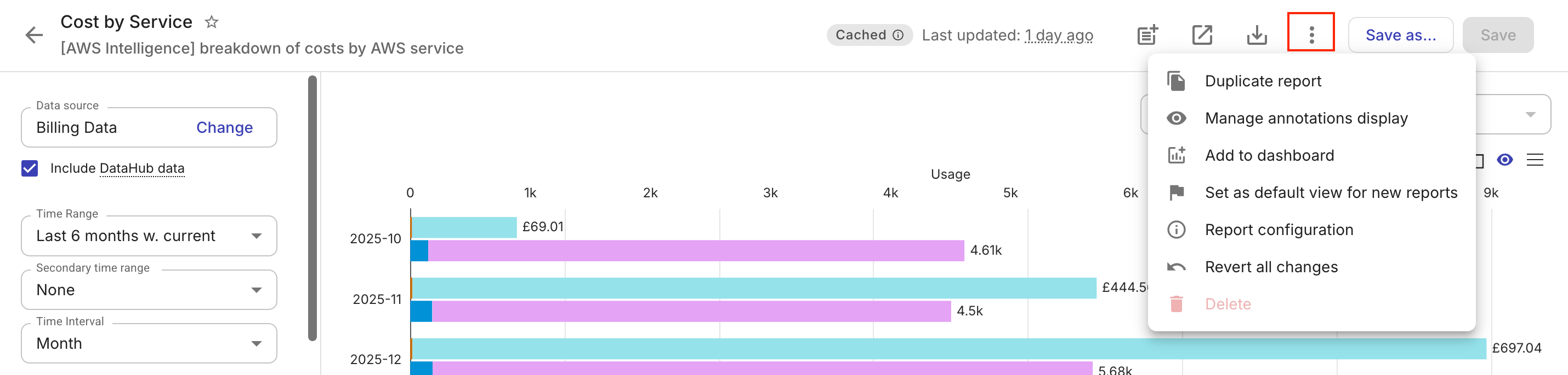 コンソールレポートのケバブメニューオプション