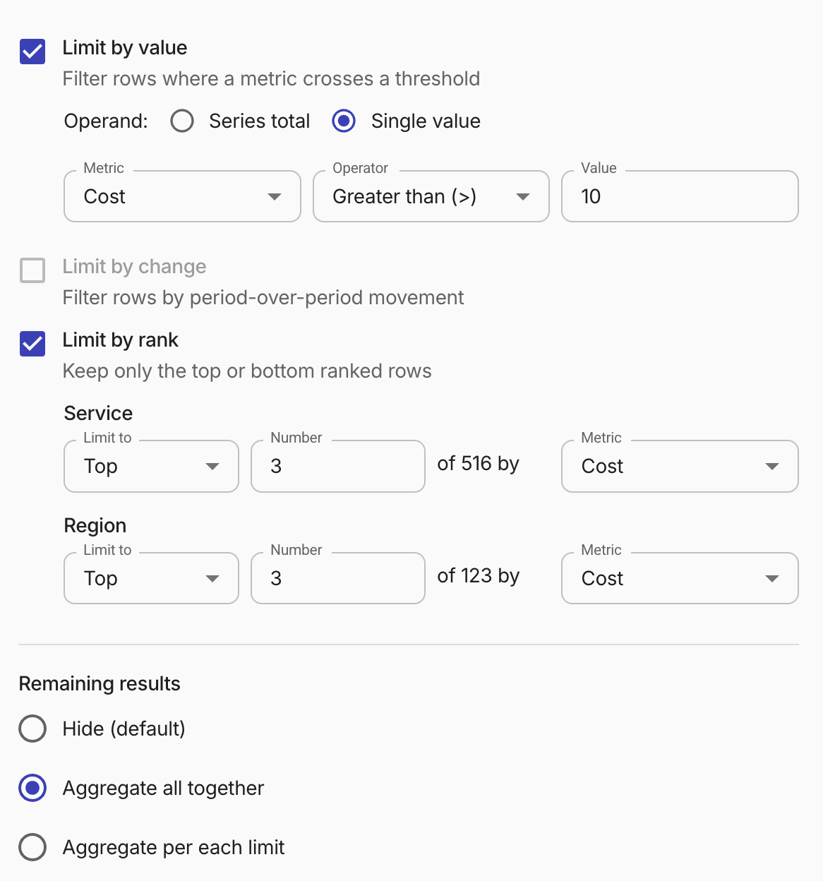 Report limit results configuration - By value and rank