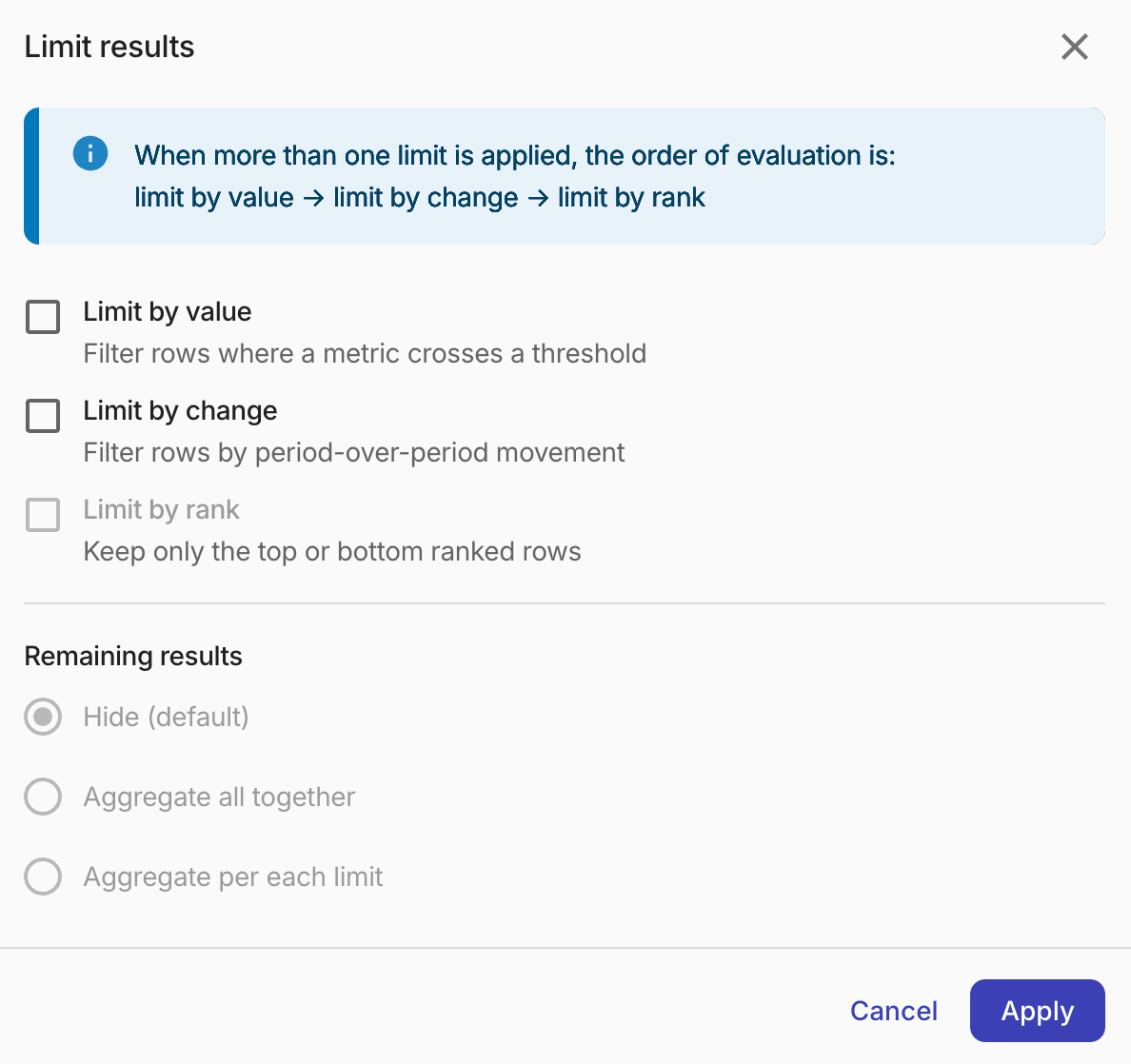 Report limit results dialog