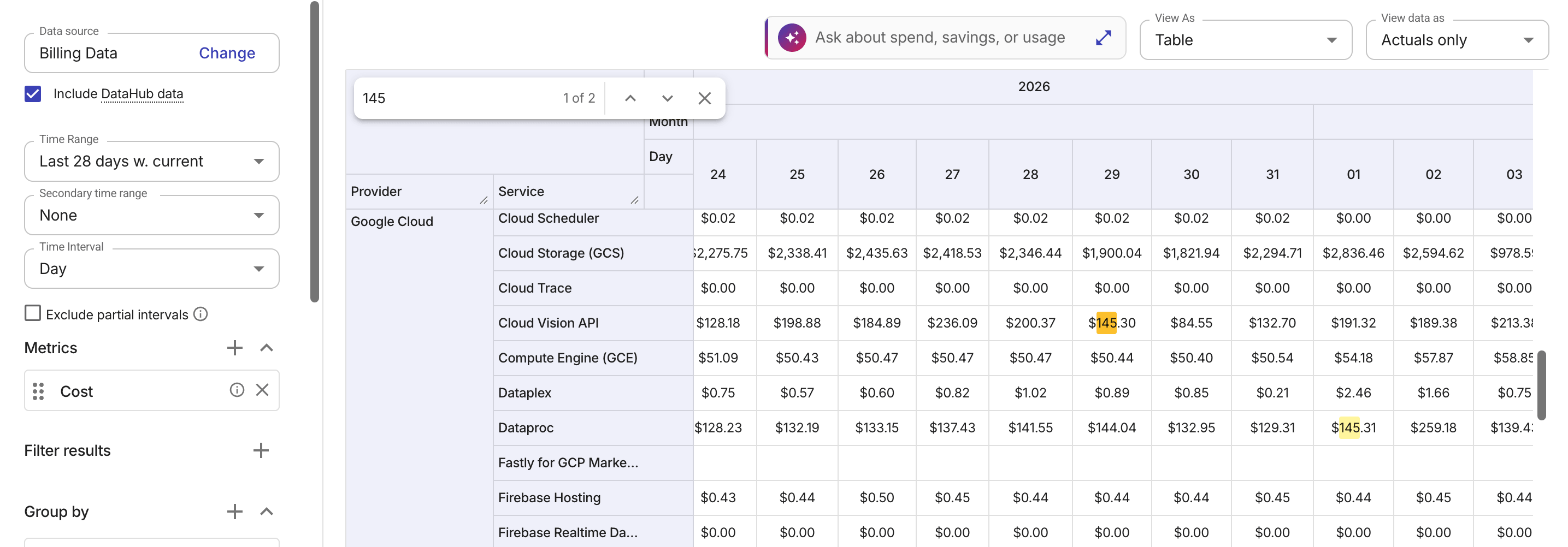 Search in tabular report