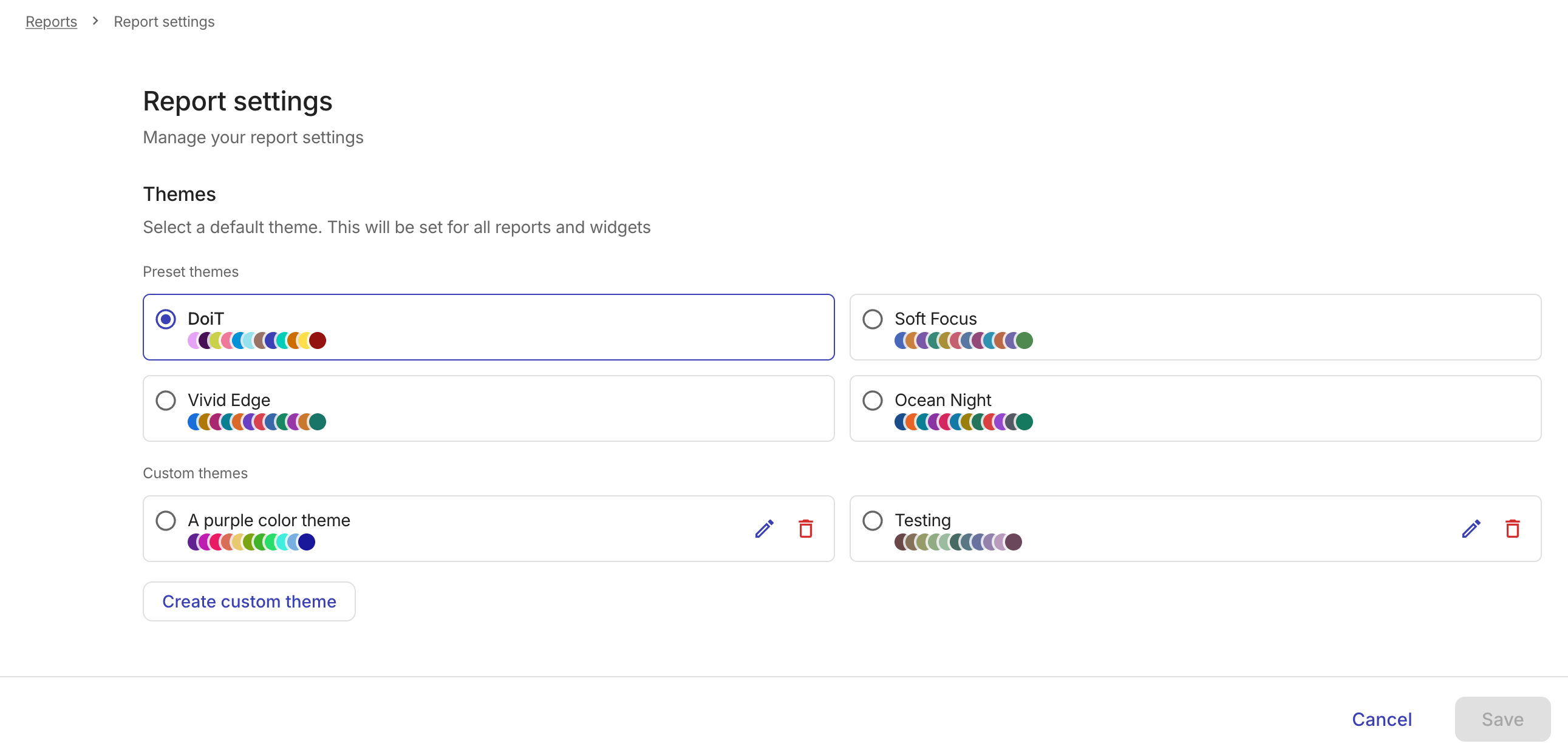 Report settings page.