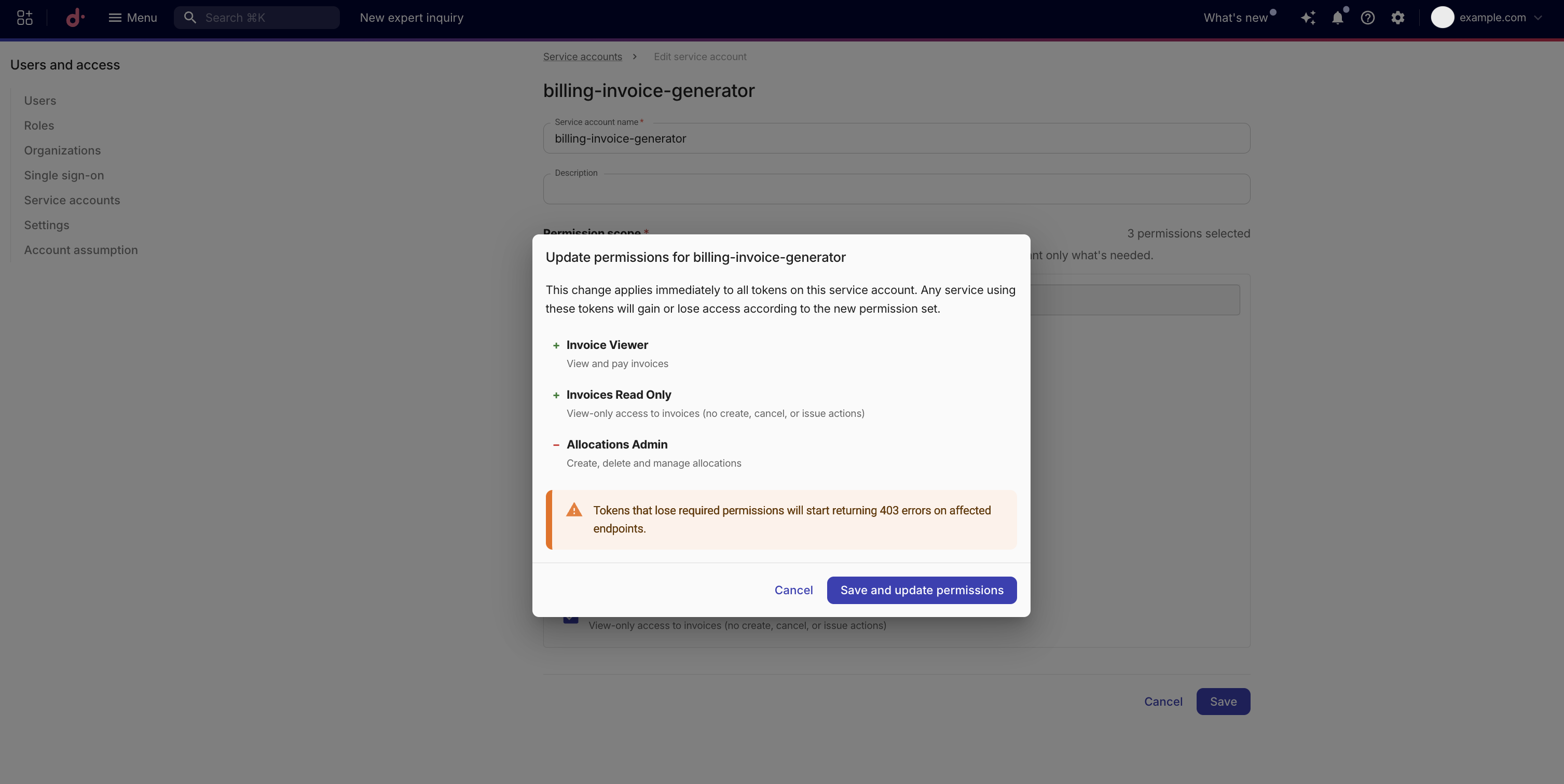 Edit permissions confirmation dialog showing added permissions