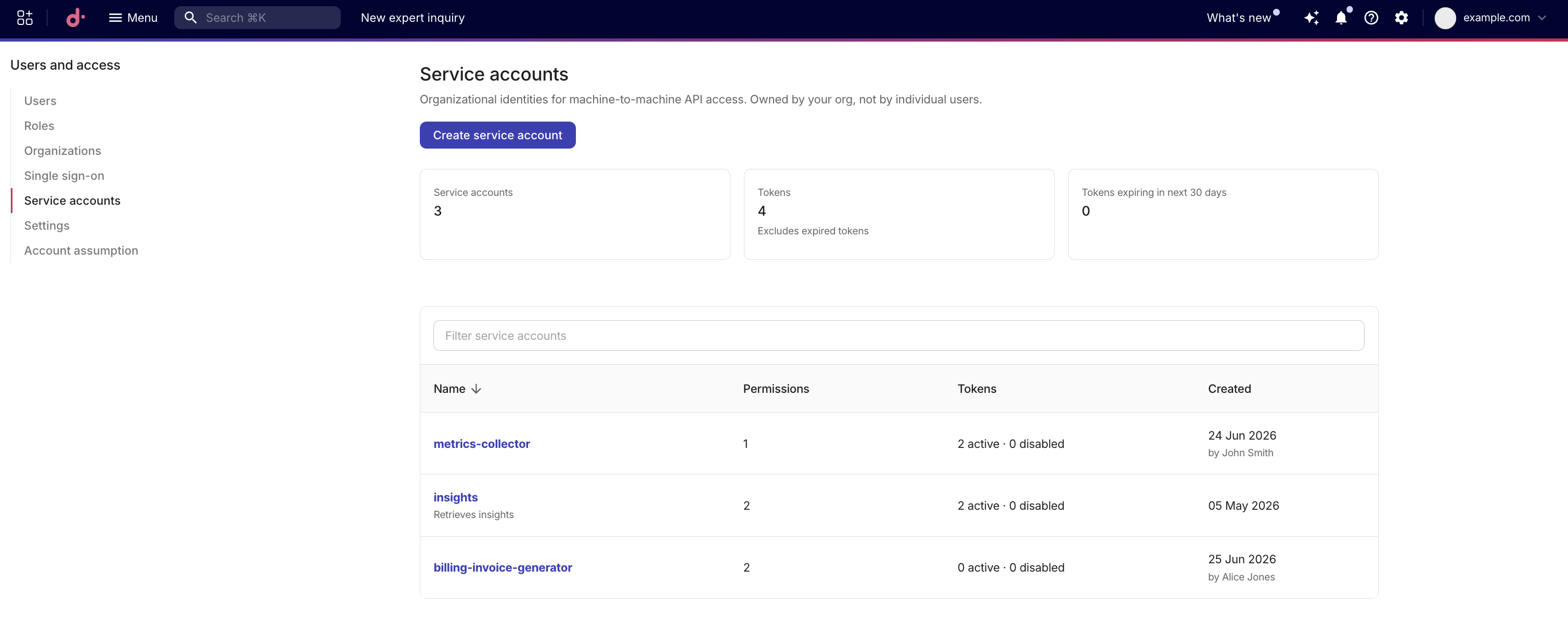 Service account list page