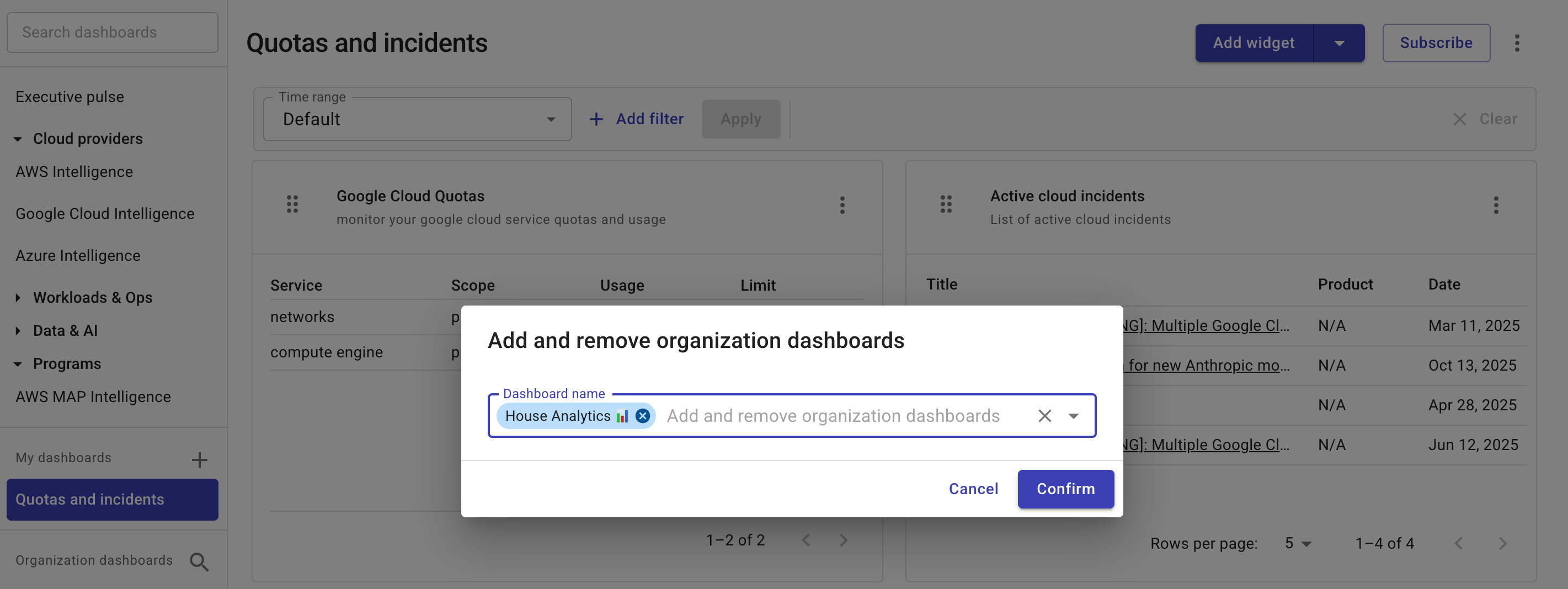 組織のダッシュボードを追加および削除