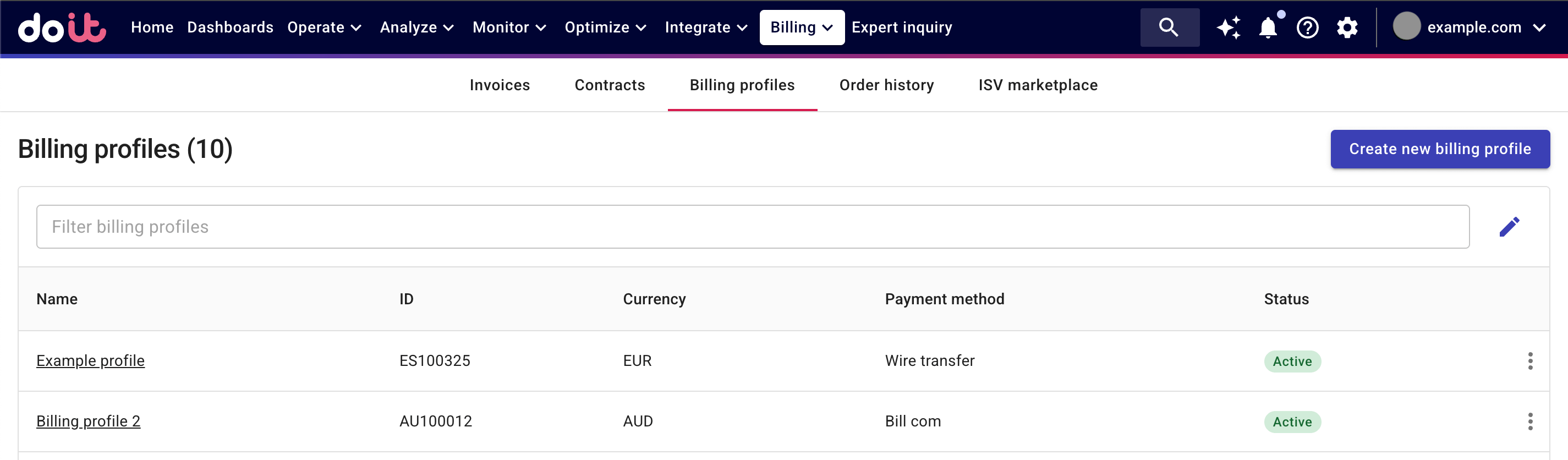 The Billing profiles screen.