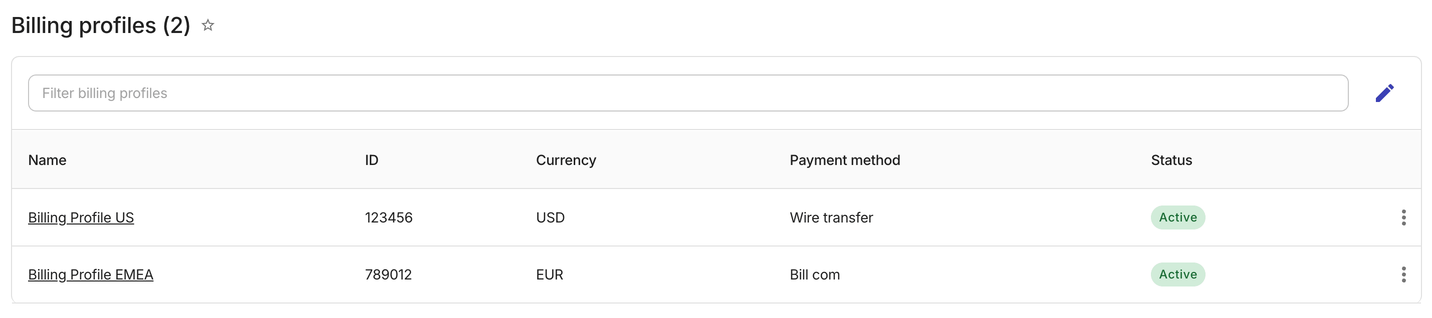 The Billing profiles screen.