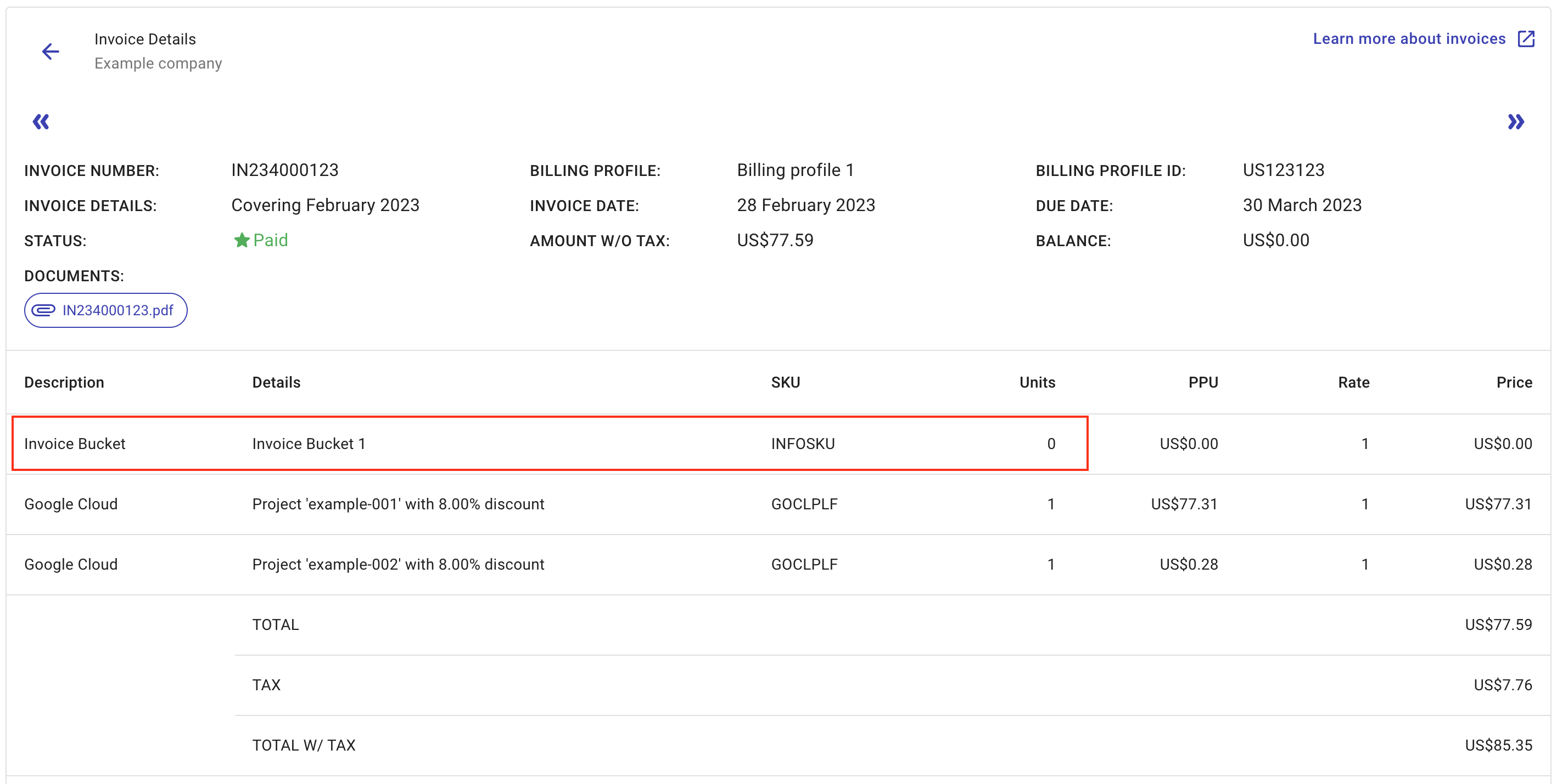 An example invoice of a custom bucket.