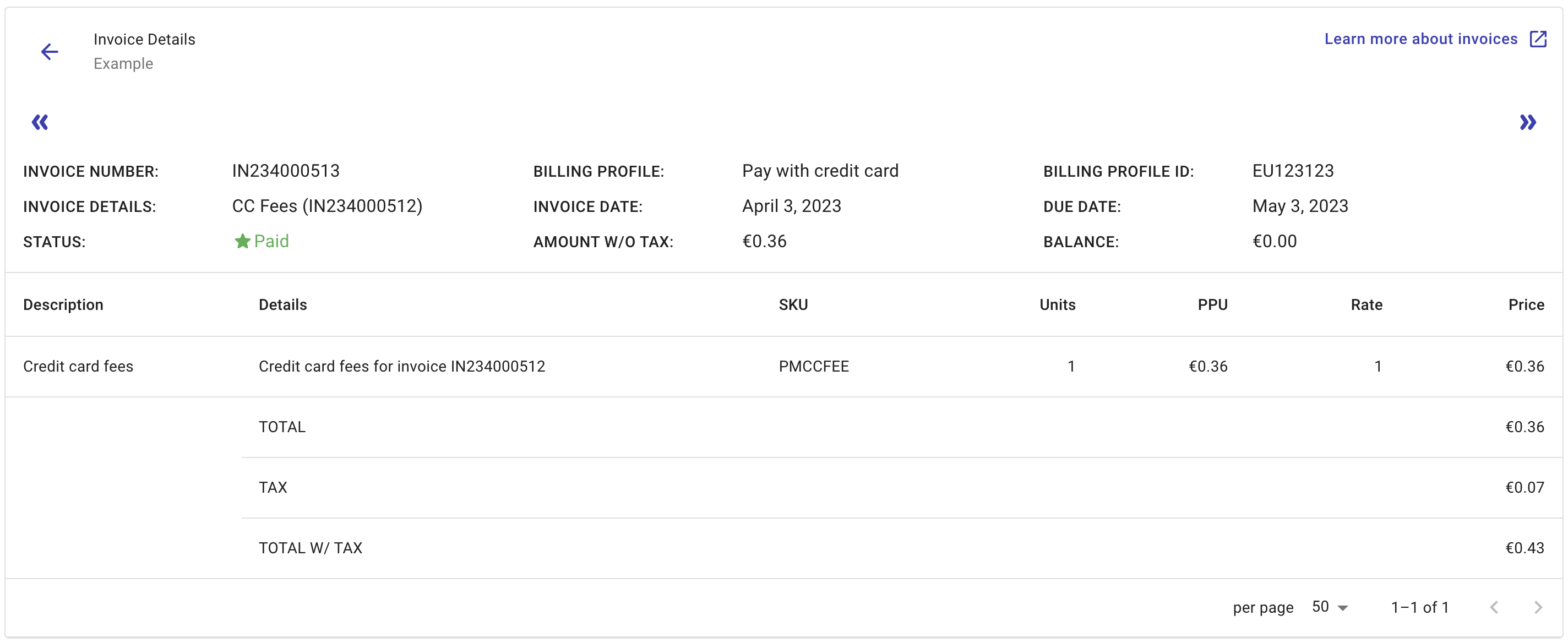 Credit card processing fees invoice details.