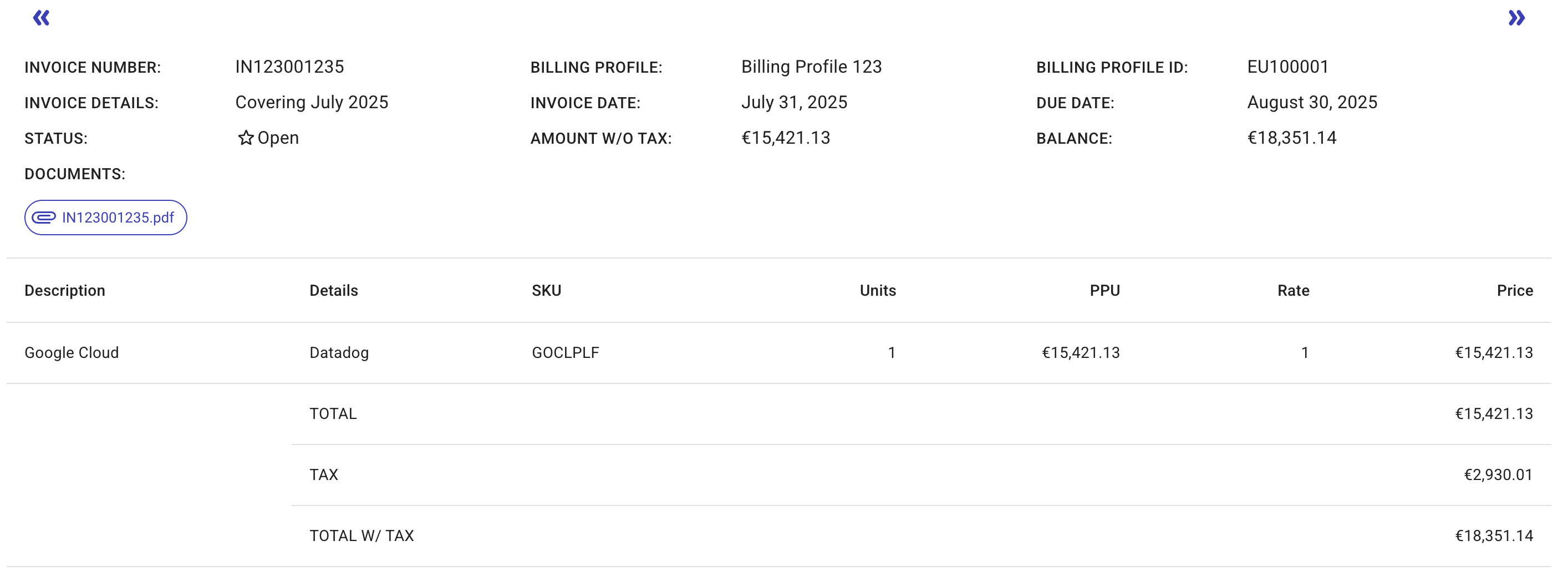 An invoice of a GCP Marketplace purchase