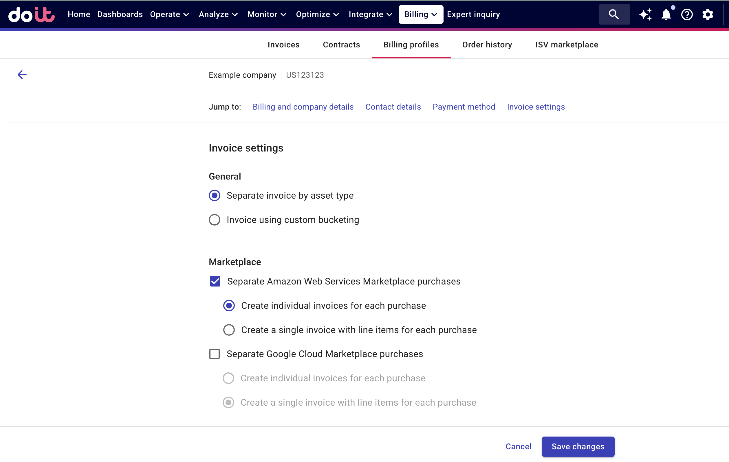 The Invoice settings section