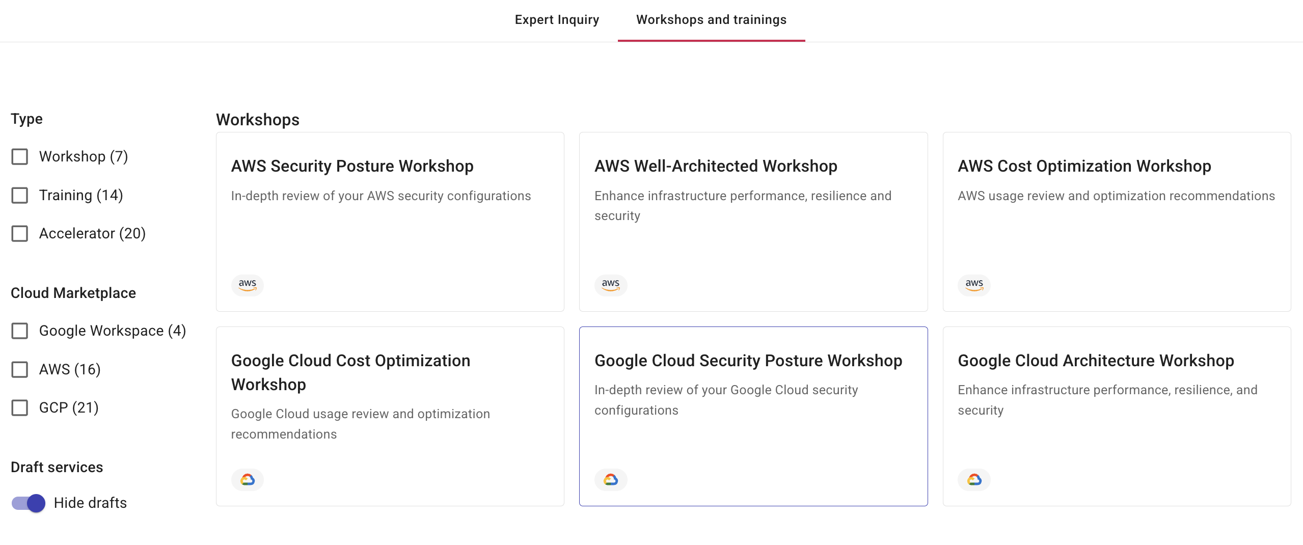 The training and workshops page