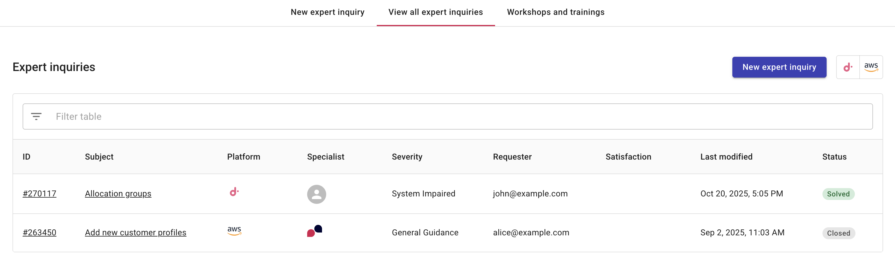The Expert inquiries page
