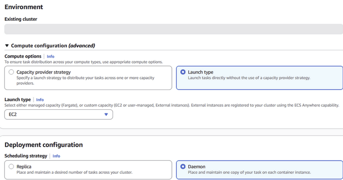 ECS Compute configuration set to EC2 launch type, with the Deployment scheduling strategy set to Daemon