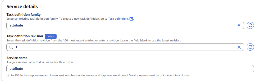 ECS Service details form with the task definition family and service name both set to "attribute"