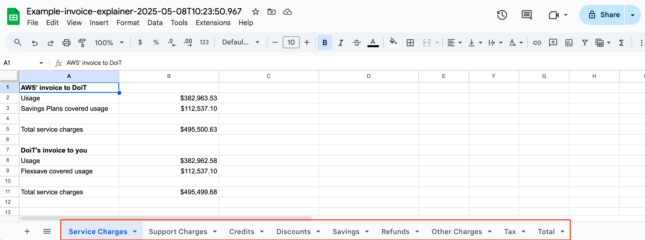 Invoice explainer spreadsheet