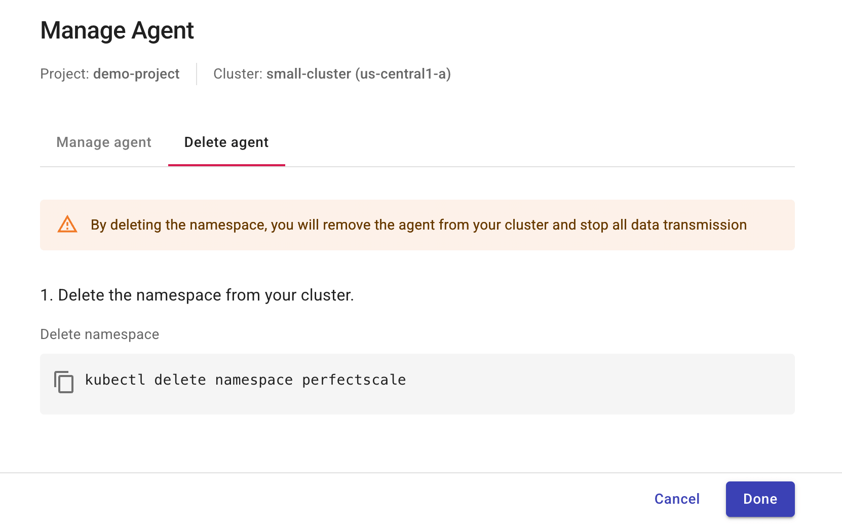 Kubernetes Intelligence - Delete agent