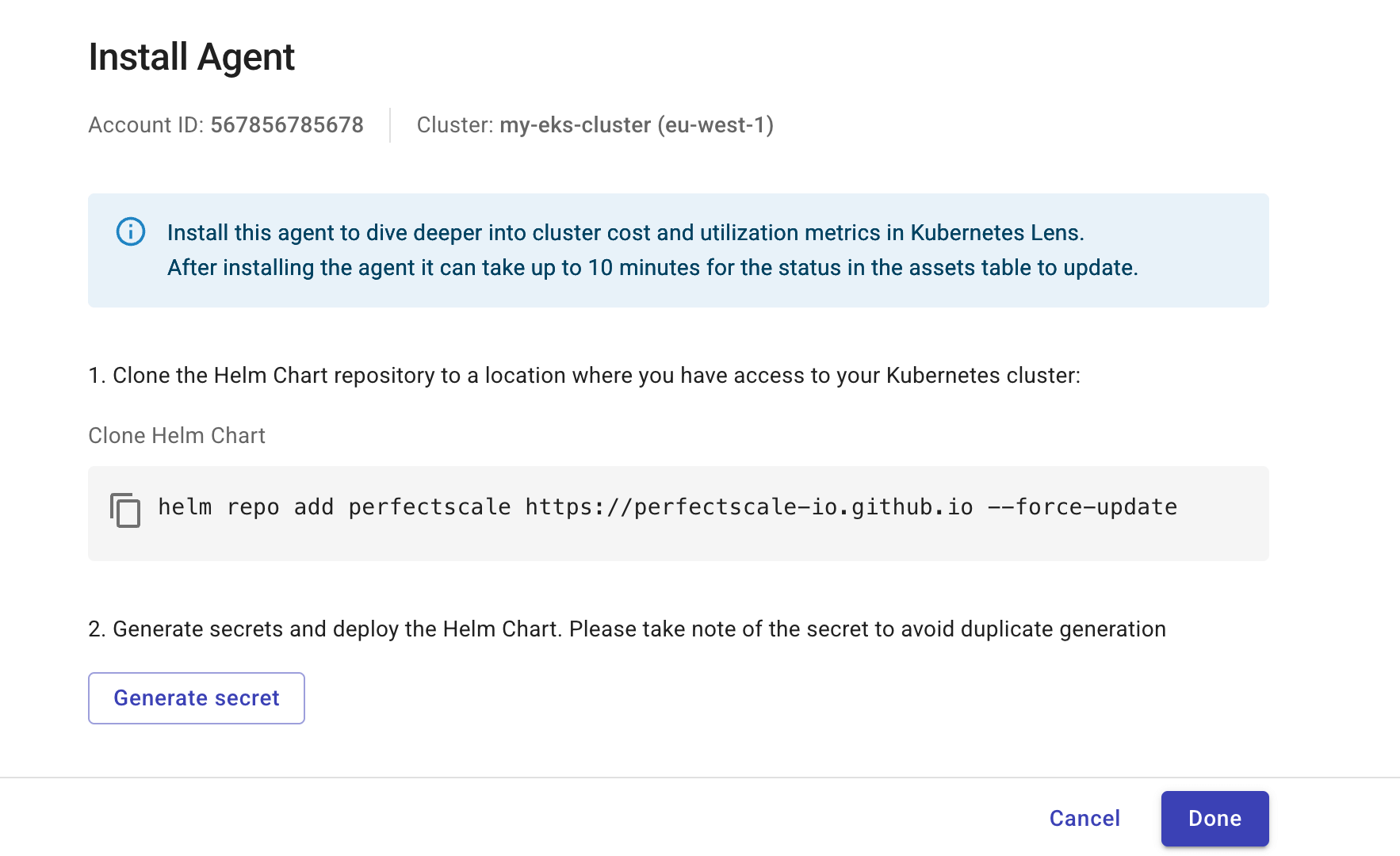 Kubernetes onboard - install agent