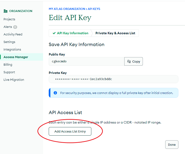 Edit API Key page showing the API Access List section with the Add Access List Entry button circled