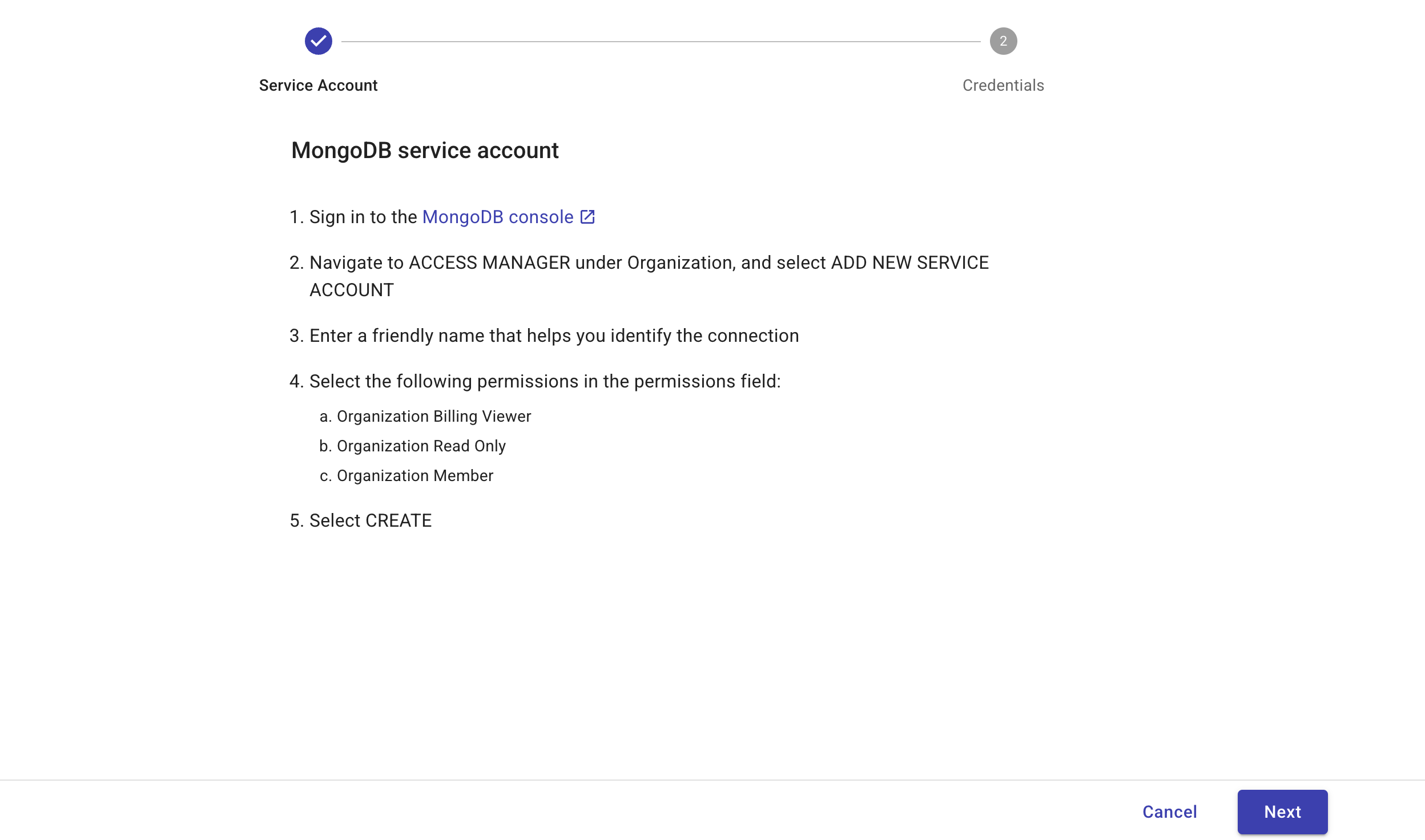 MongoDB onboard service account