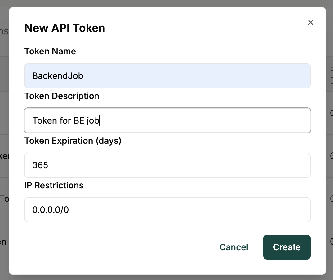 New API Token creation dialog