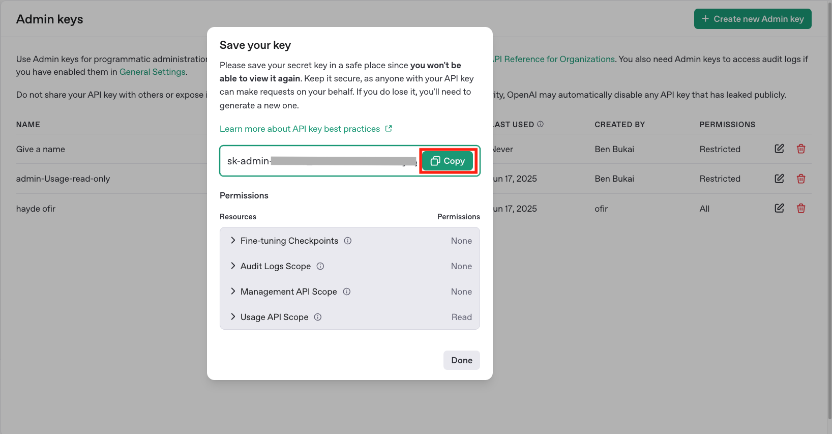 Save your key dialog showing the new sk-admin-... key with the Copy button highlighted