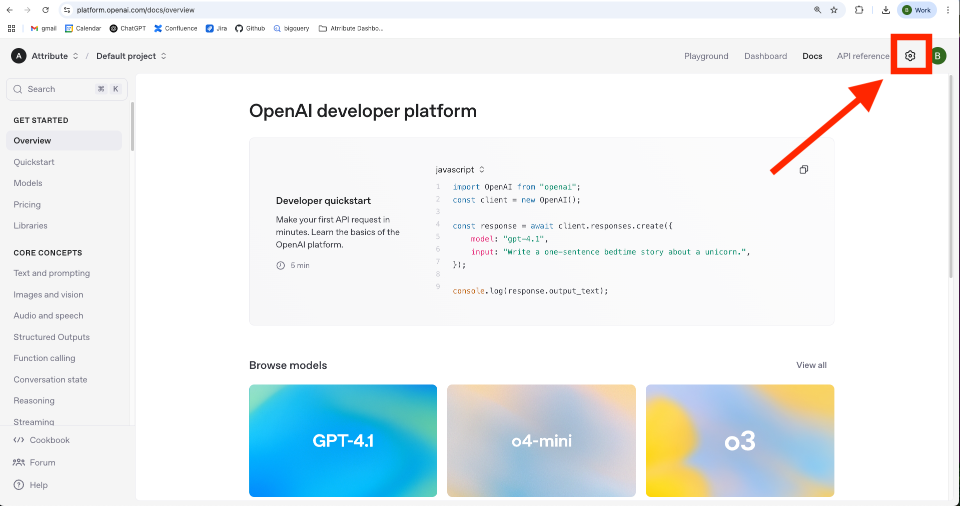 OpenAI developer platform with the settings gear icon in the top-right corner highlighted by a red box and arrow