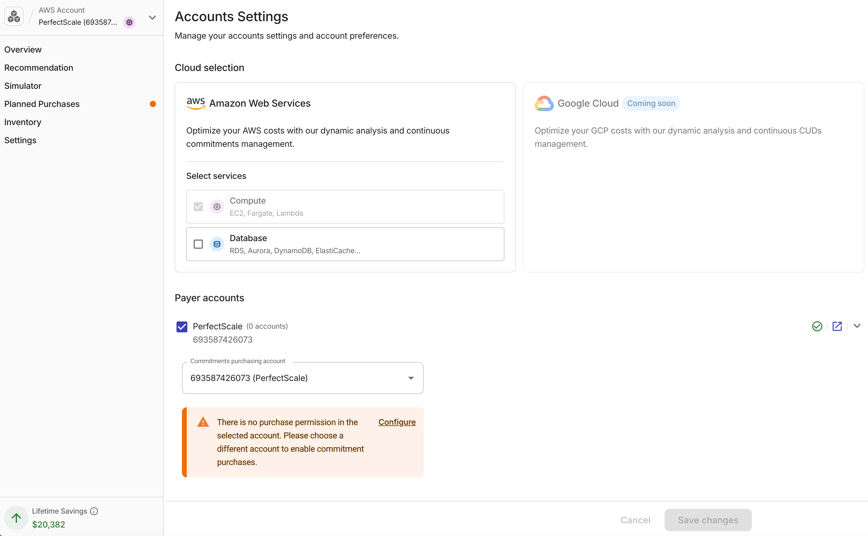 Accounts settings page