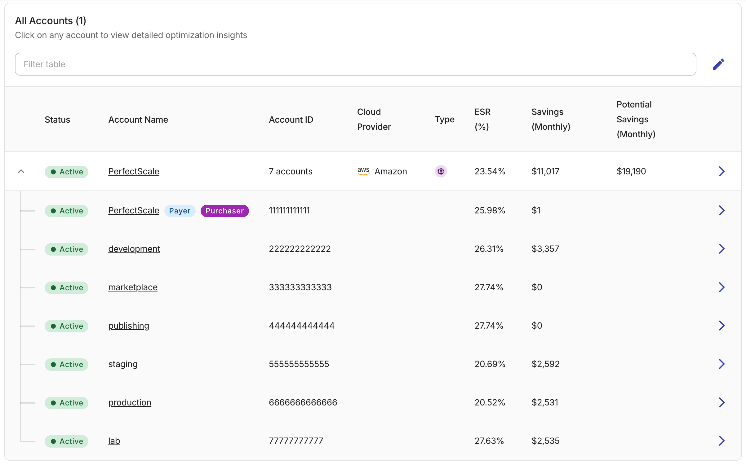 The All accounts table on Accounts Overview.