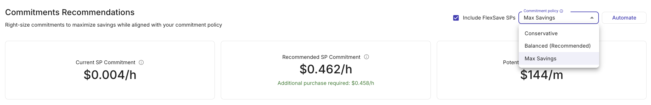 Commitments Recommendations tab - Select Policy