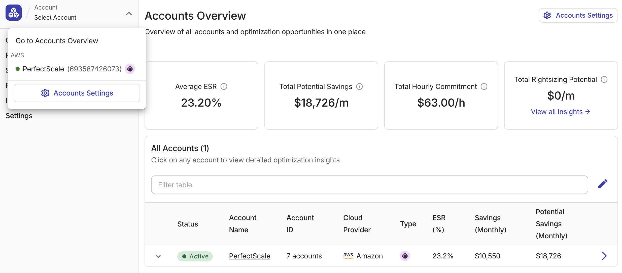 Accounts settings navigation