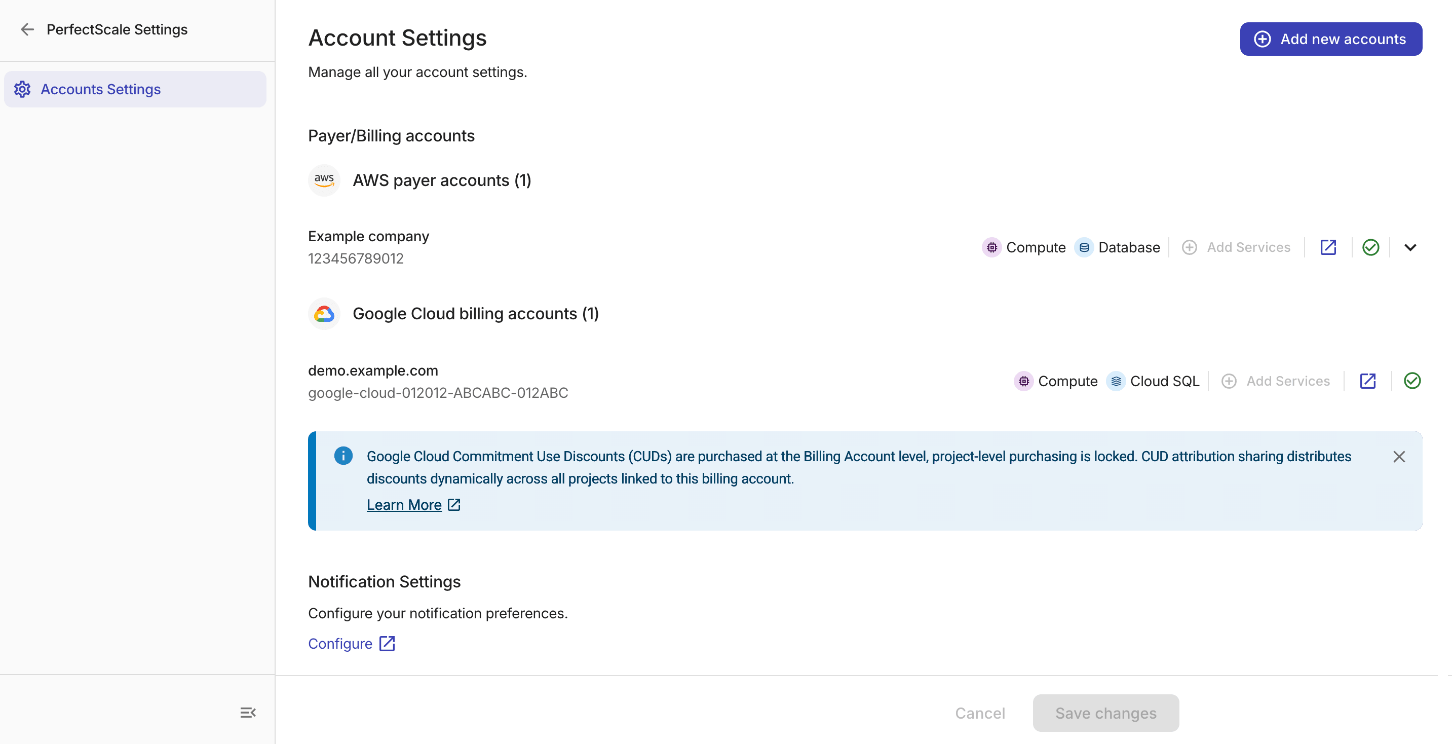 Accounts settings page