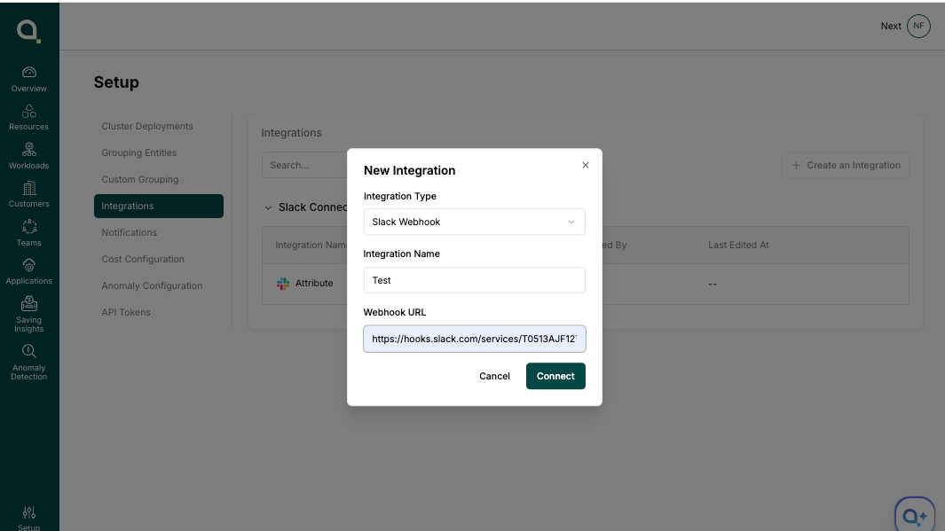 New Integration dialog filled in with integration name "Test" and a Slack webhook URL