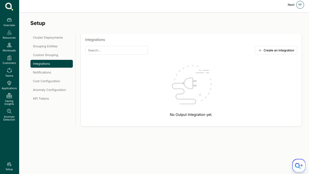 Attribute Setup → Integrations page showing the empty "No Output Integration yet" state